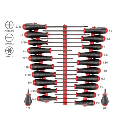 TEKTON High-Torque Black Oxide Blade Screwdriver Set with Red Rails, 22-Piece (#0-#3, 1/8-5/16 in., T10-30) DRV41508